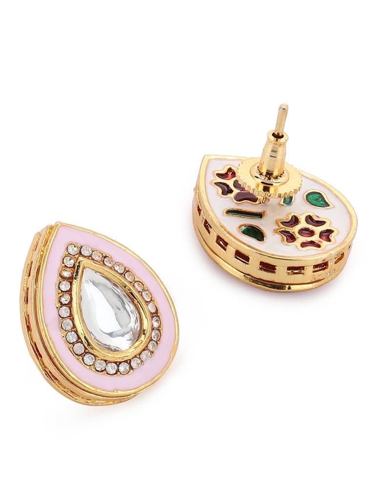 Pink Teardrop Shaped Drop Kundan Studs : RRA22-17