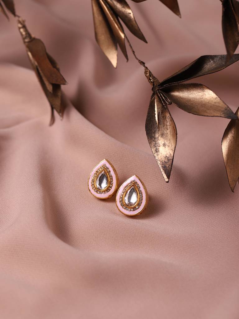 Pink Teardrop Shaped Drop Kundan Studs : RRA22-17