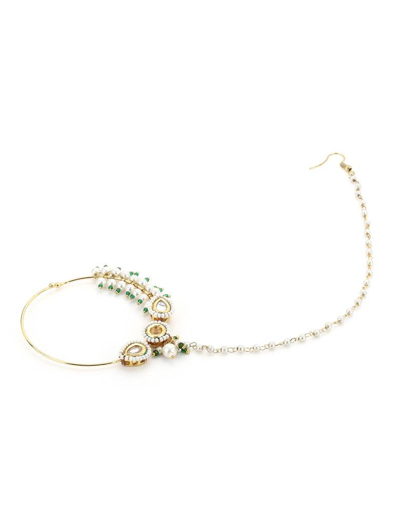 Maharani Green White Kundan Nose Ring : RRA22-23