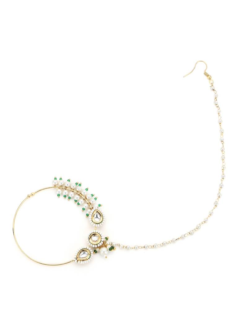 Maharani Green White Kundan Nose Ring : RRA22-23