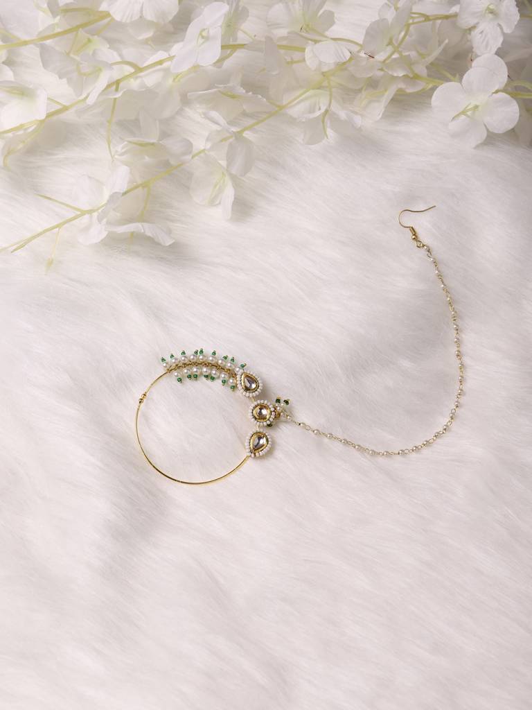 Maharani Green White Kundan Nose Ring : RRA22-23