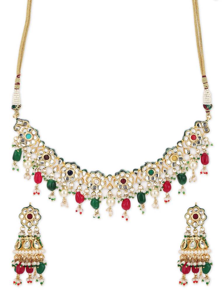 Red Green Kundan Neckpiece With Earrings : RRA22-2