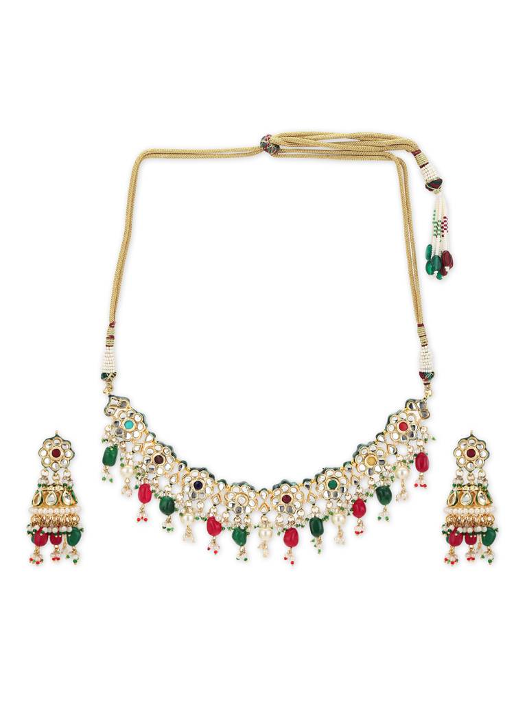 Red Green Kundan Neckpiece With Earrings : RRA22-2