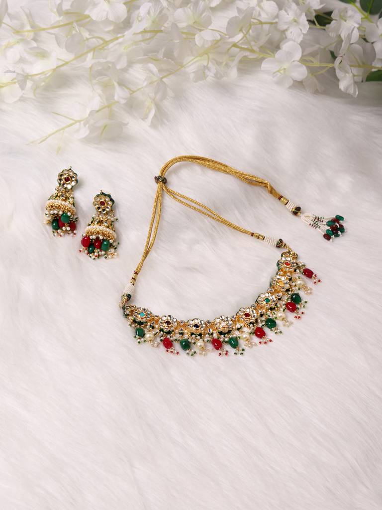 Red Green Kundan Neckpiece With Earrings : RRA22-2