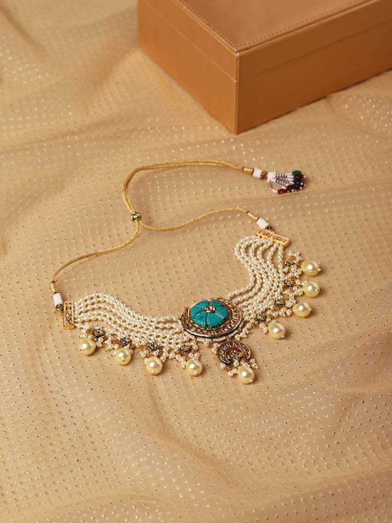 Sky Blue Pearl Kundan Neckpiece : RRA22-8