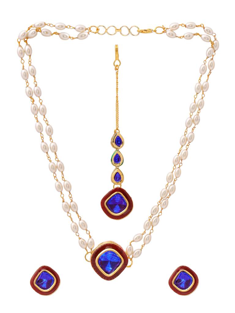 Blue And Red Meenakari Kundan Necklace With Earrings & Maang Tikka : RRAUG25-100