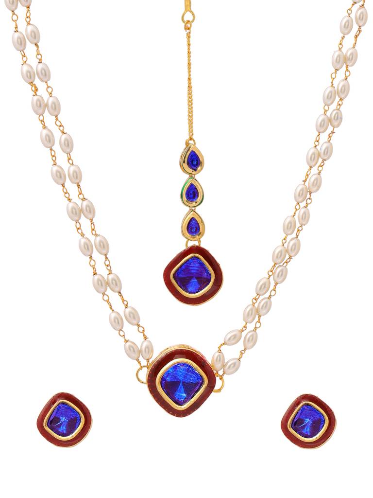 Blue And Red Meenakari Kundan Necklace With Earrings & Maang Tikka : RRAUG25-100