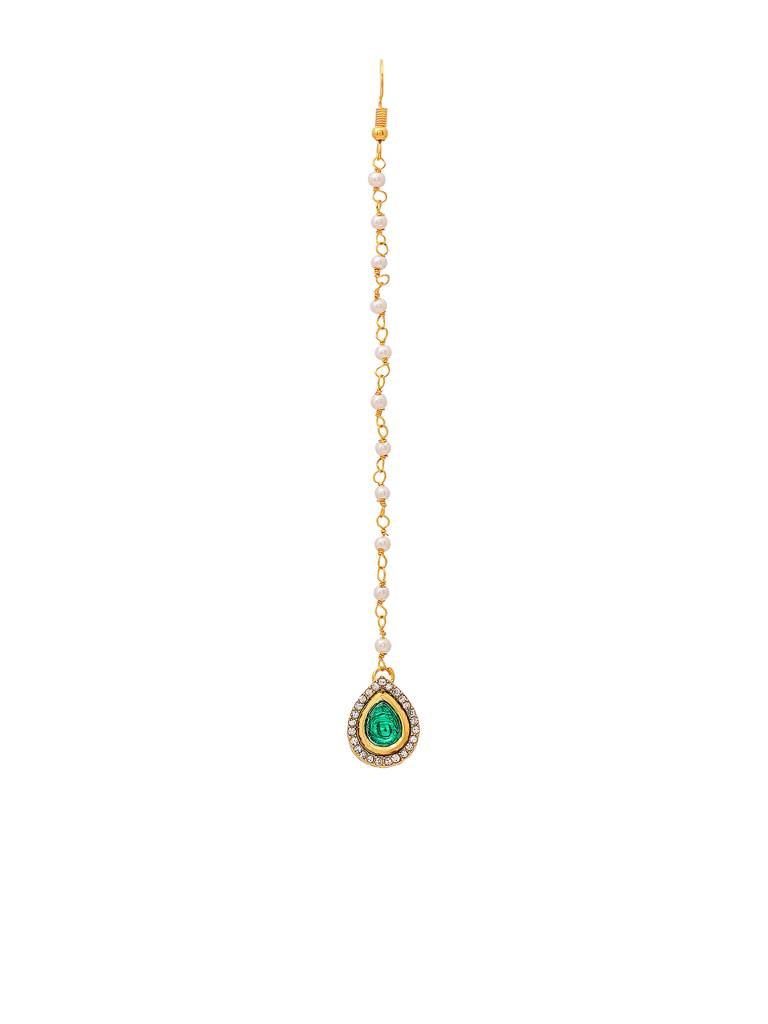 Tear Drop Green Kundan Maang Tikka : RRAUG25-15
