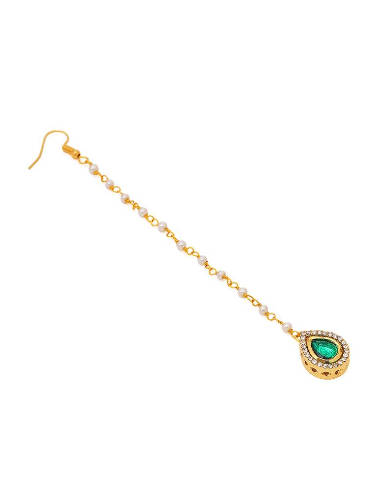 Tear Drop Green Kundan Maang Tikka : RRAUG25-15