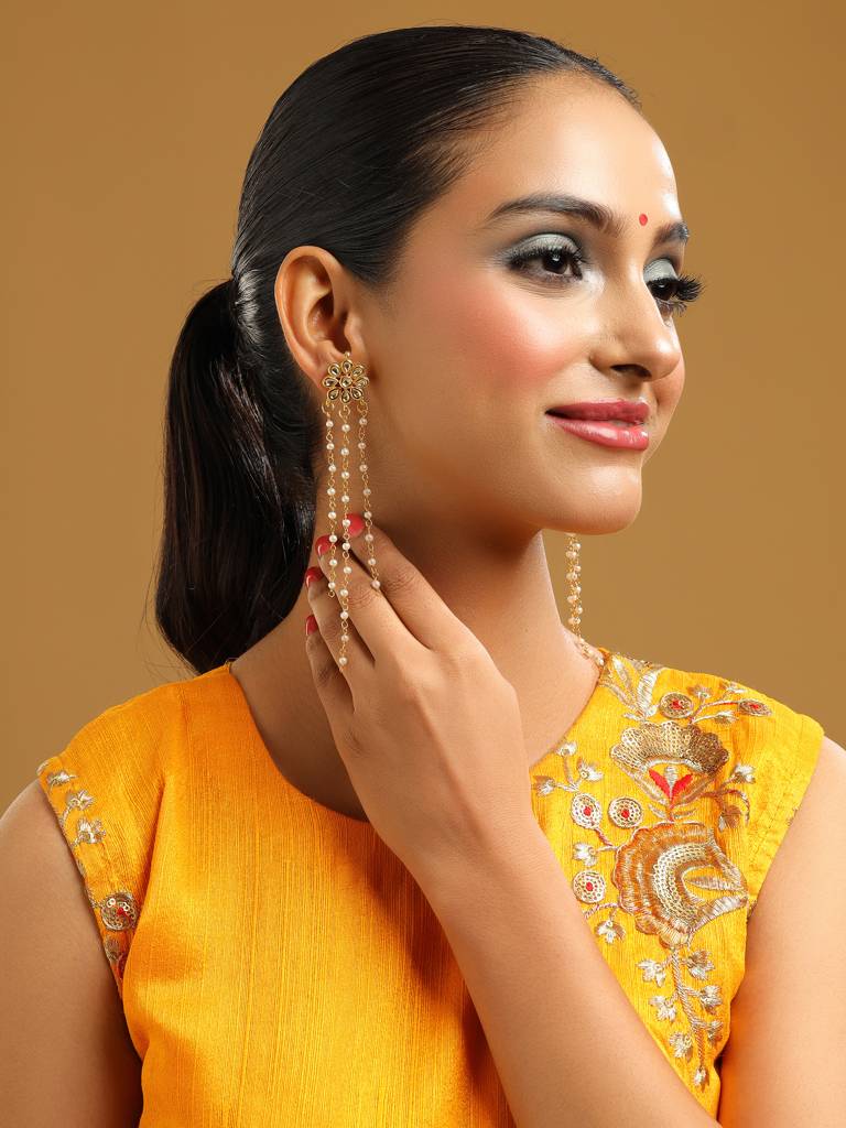Long Kundan & Pearl Dangler Earrings : RRAUG25-34