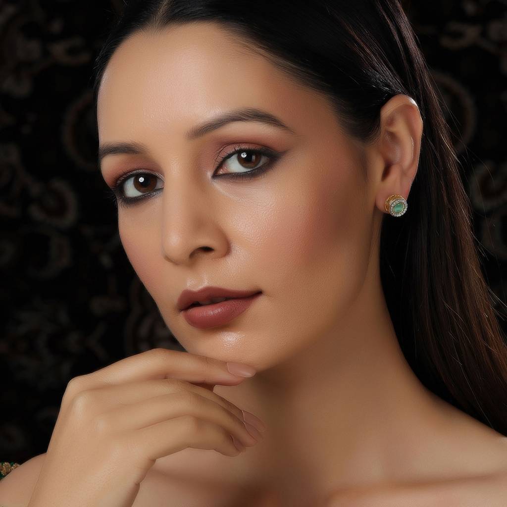 Green Round Daimond And Stone Studs : RRFEB24-12