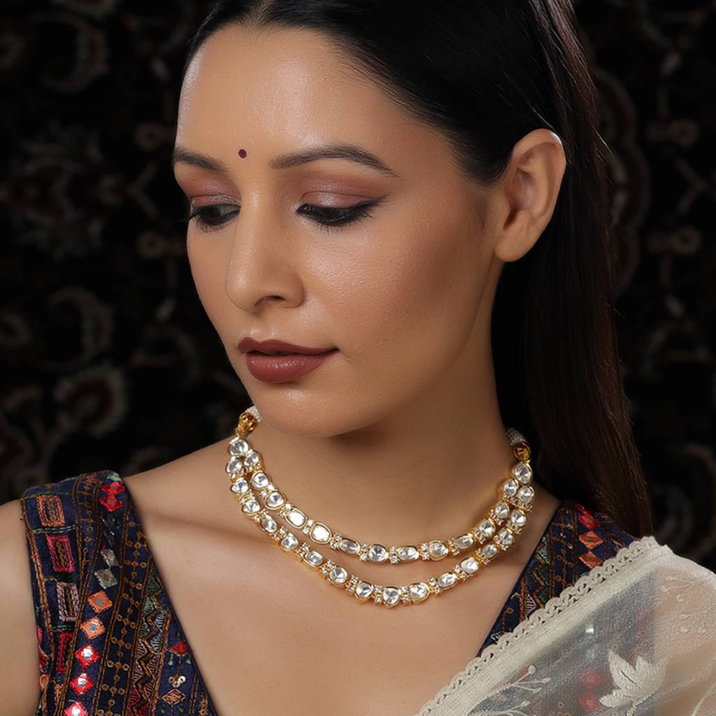 Double Layered Kundan And American Diamond Neckpiece : RRFEB24-35