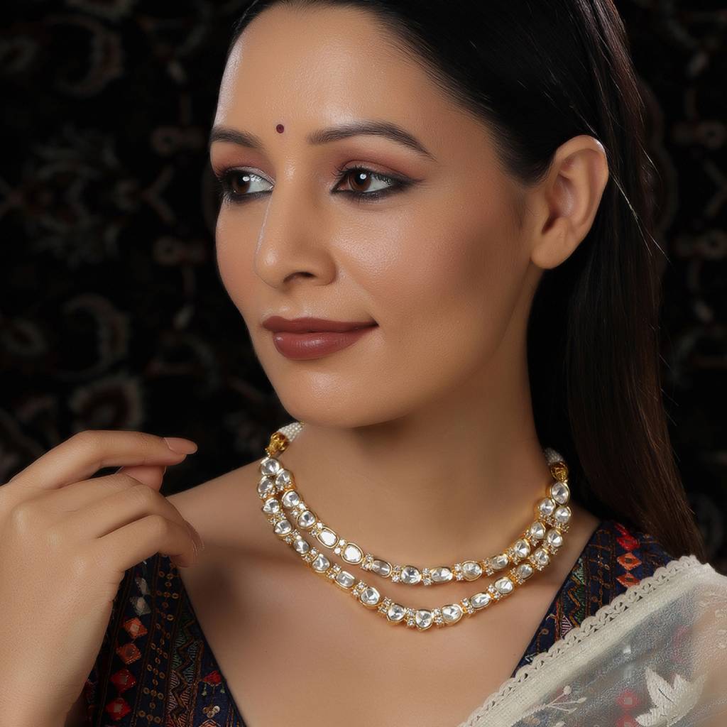 Double Layered Kundan And American Diamond Neckpiece : RRFEB24-35