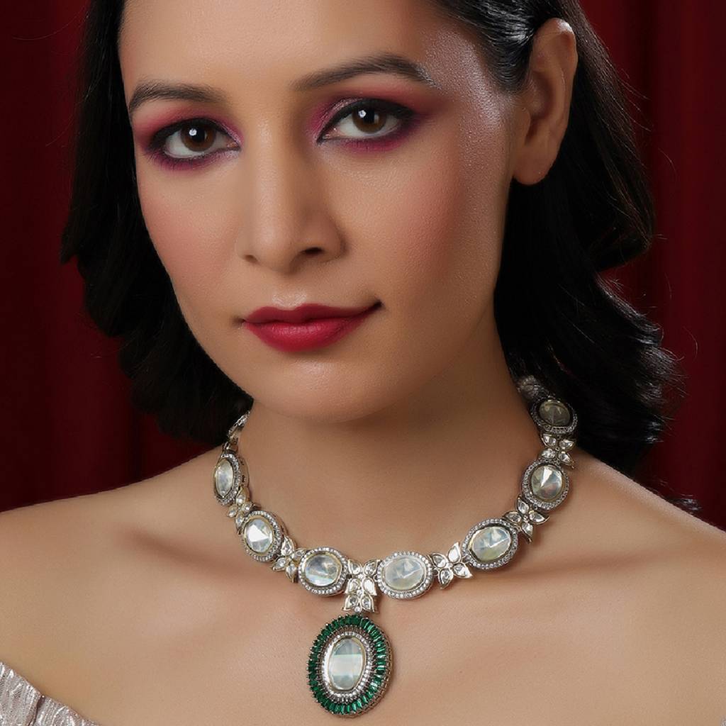 Gold And Silver Tone Neckpiece With Green Center Piece : RRFEB24-36