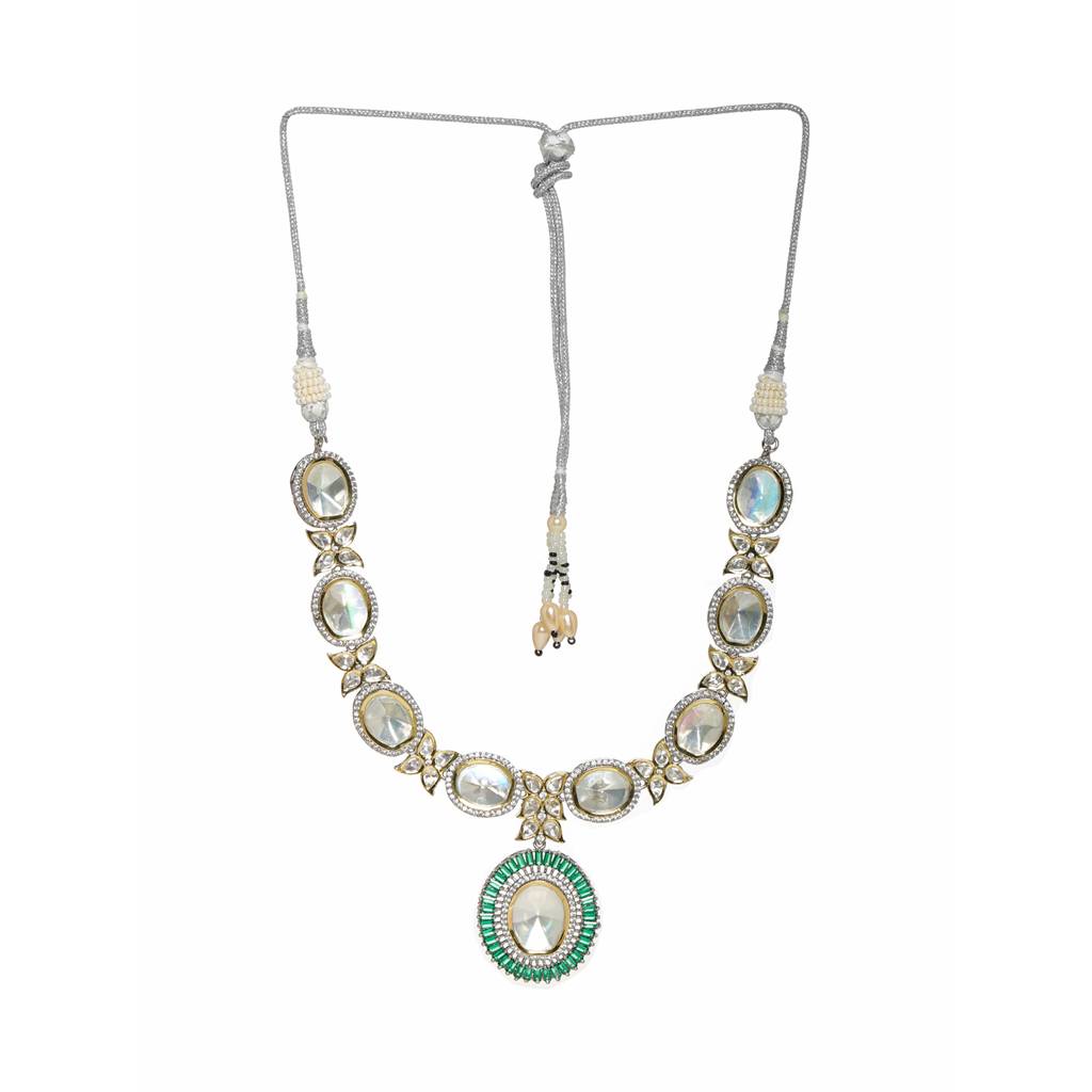 Gold And Silver Tone Neckpiece With Green Center Piece : RRFEB24-36