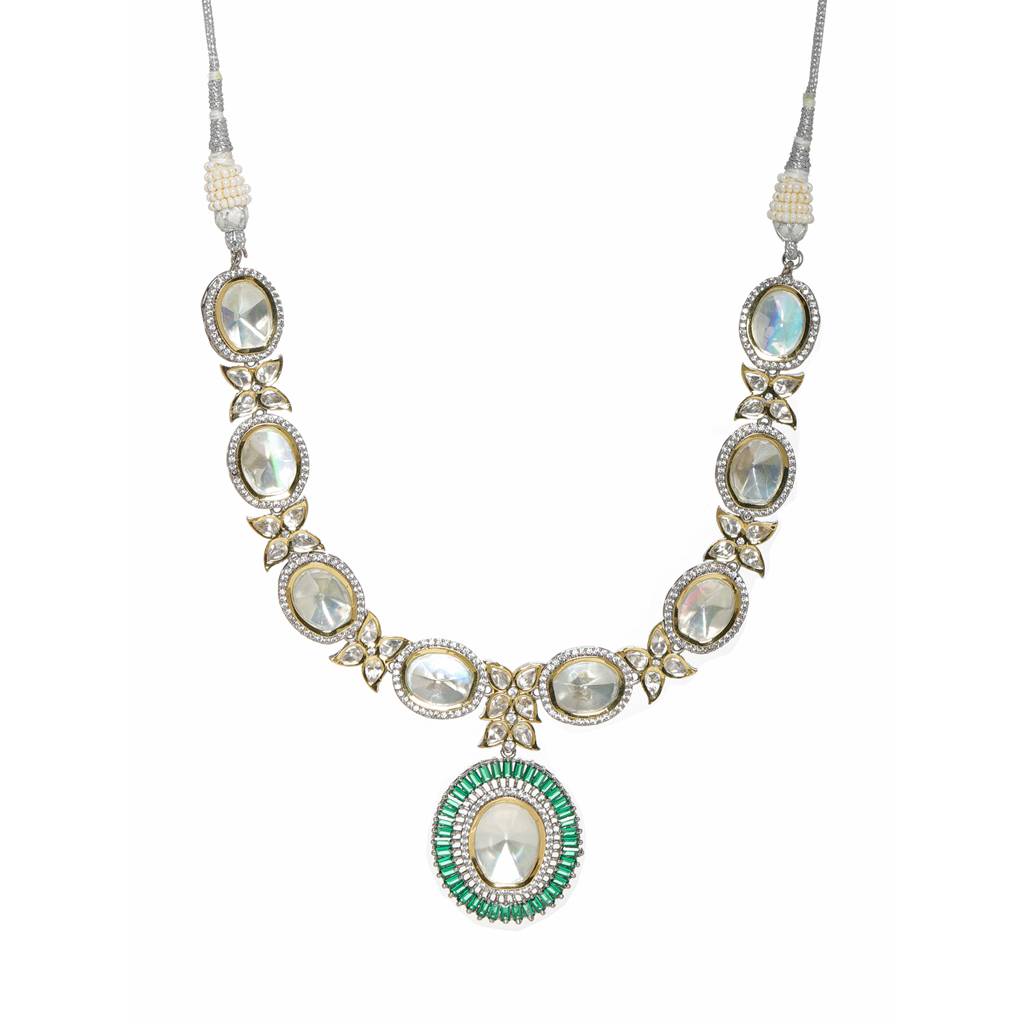 Gold And Silver Tone Neckpiece With Green Center Piece : RRFEB24-36