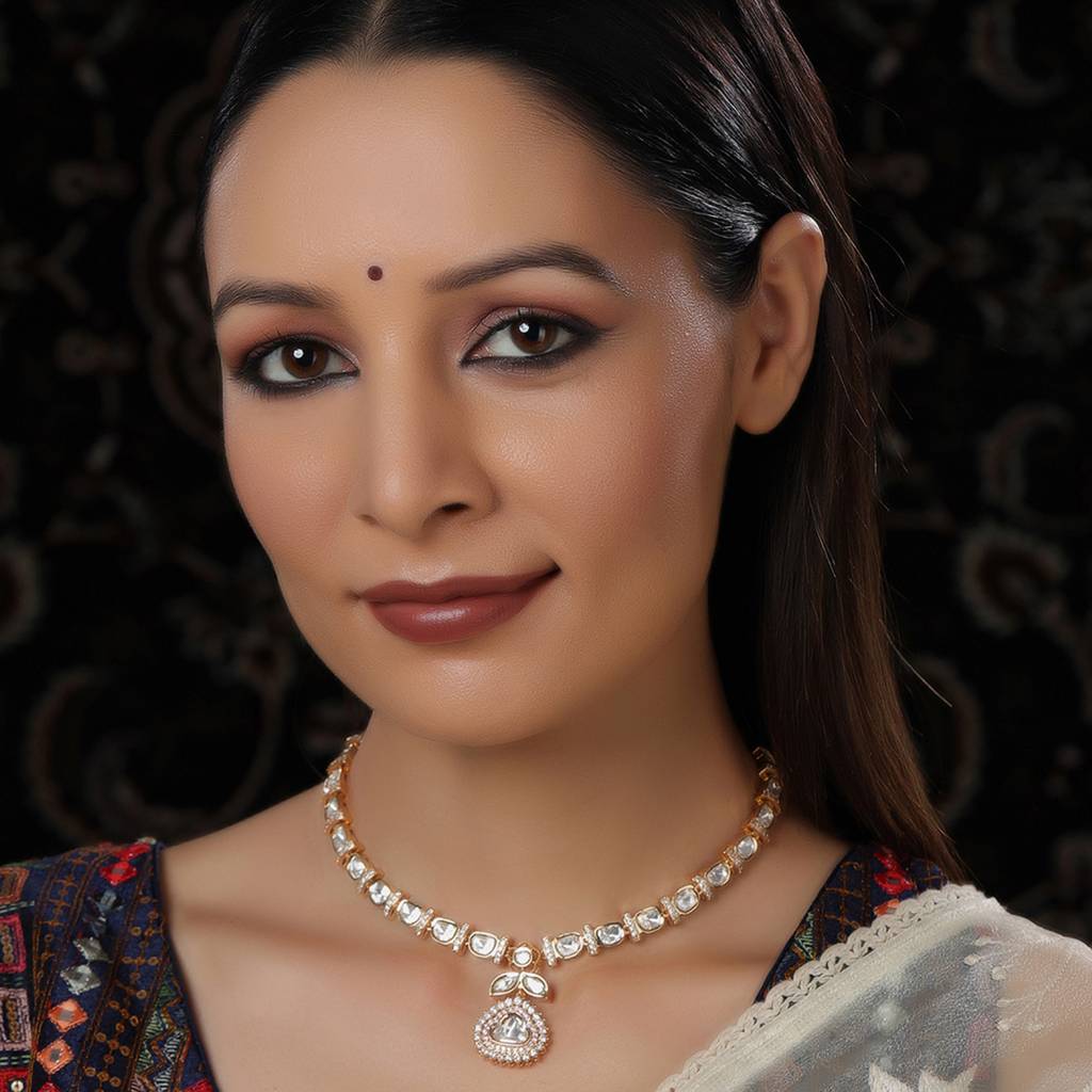 Gold And American Diamond Neckpiece With Pink Stone Center Piece : RRFEB24-37