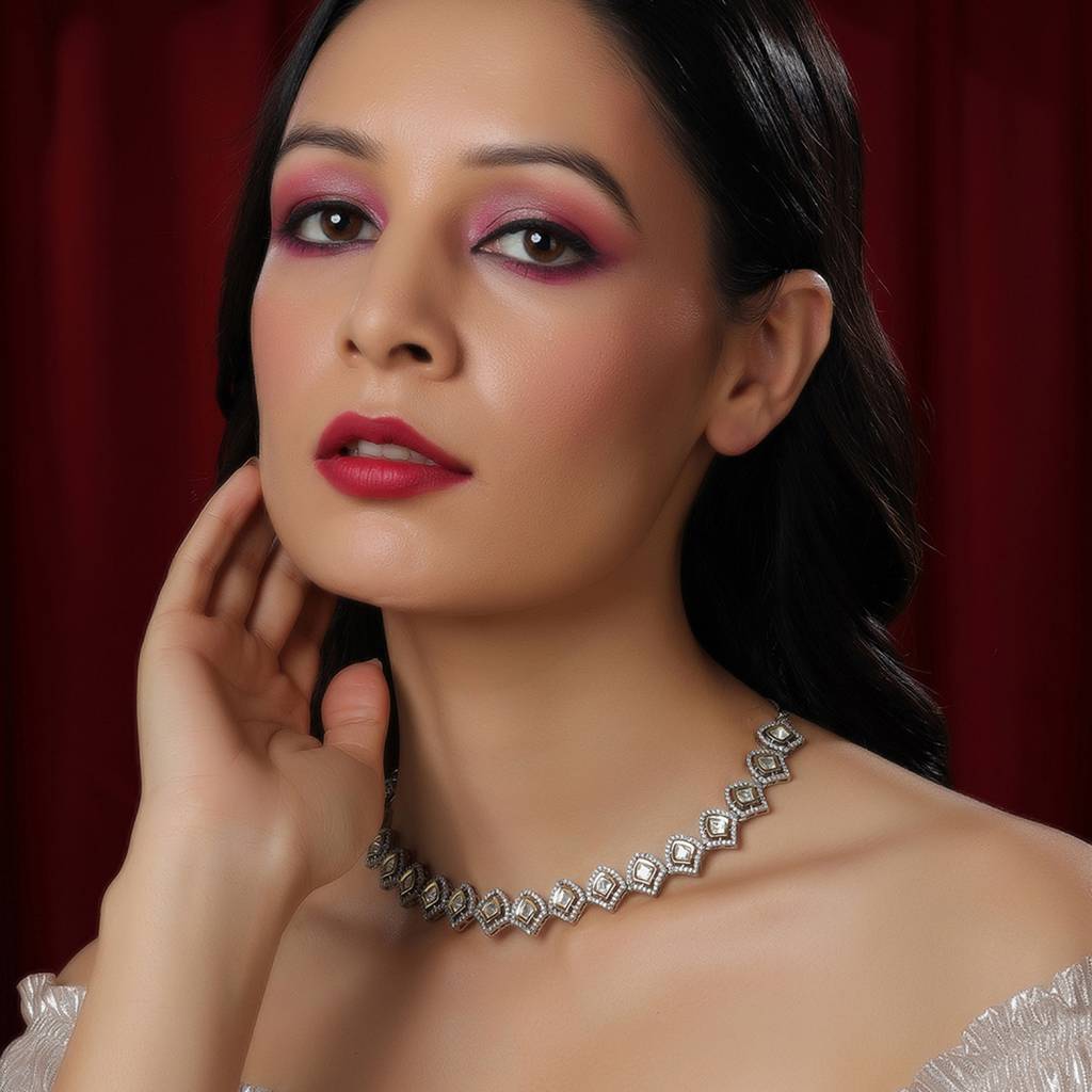 Silver Kundan And American Diamond Neckpiece : RRFEB24-39