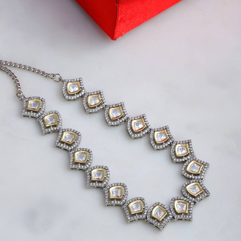 Silver Kundan And American Diamond Neckpiece : RRFEB24-39