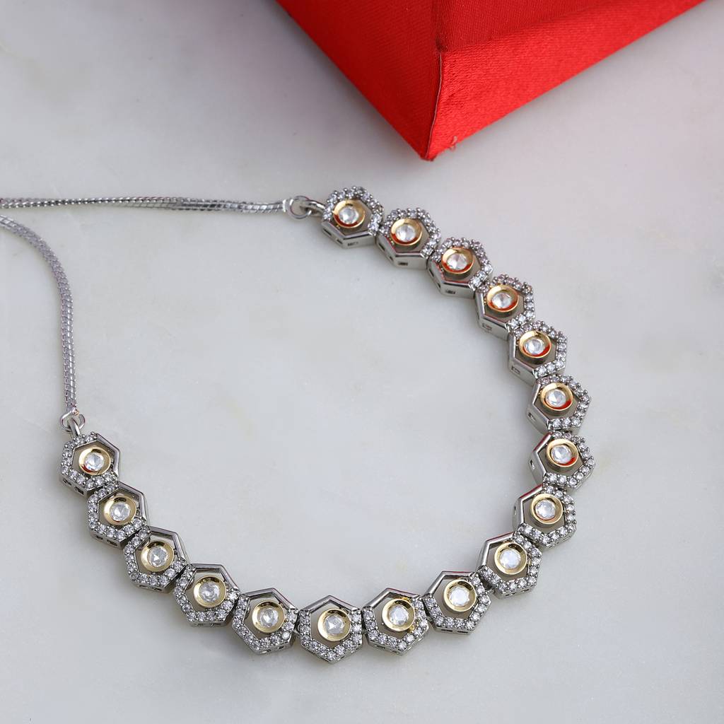 Dual Tone Gold And Silver Choker With American Diamonds And Kundan : RRFEB24-42