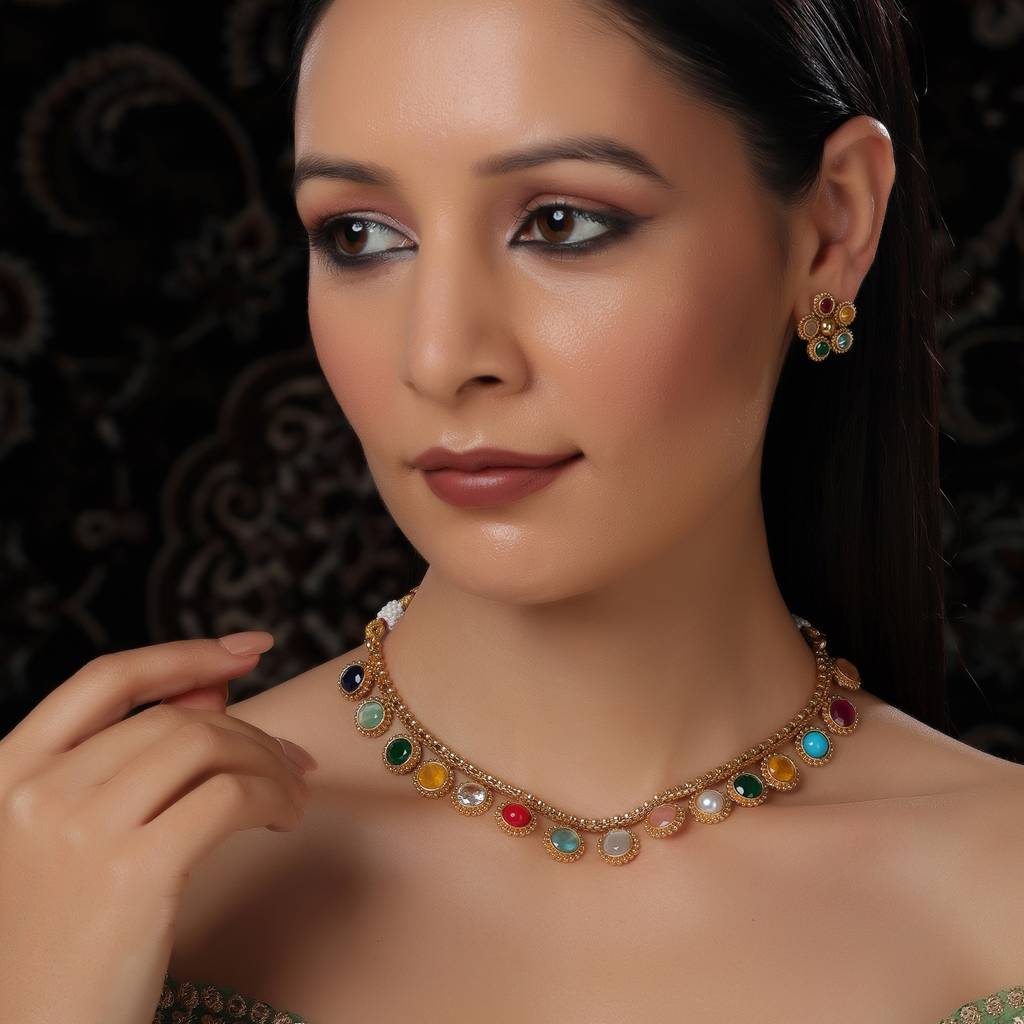 Multi Colored Stone In Gold Choker With Earrings : RRFEB24-45