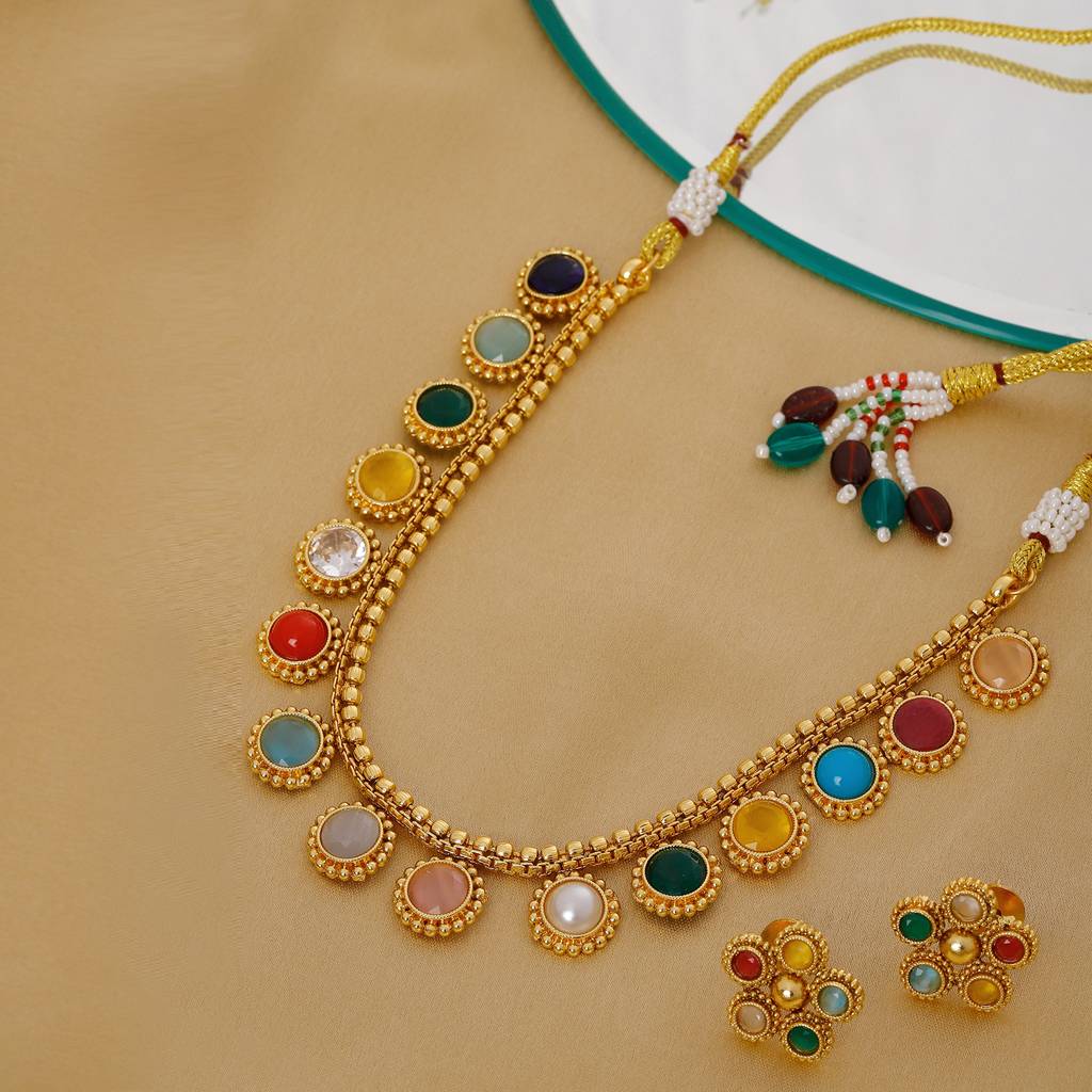 Multi Colored Stone In Gold Choker With Earrings : RRFEB24-45