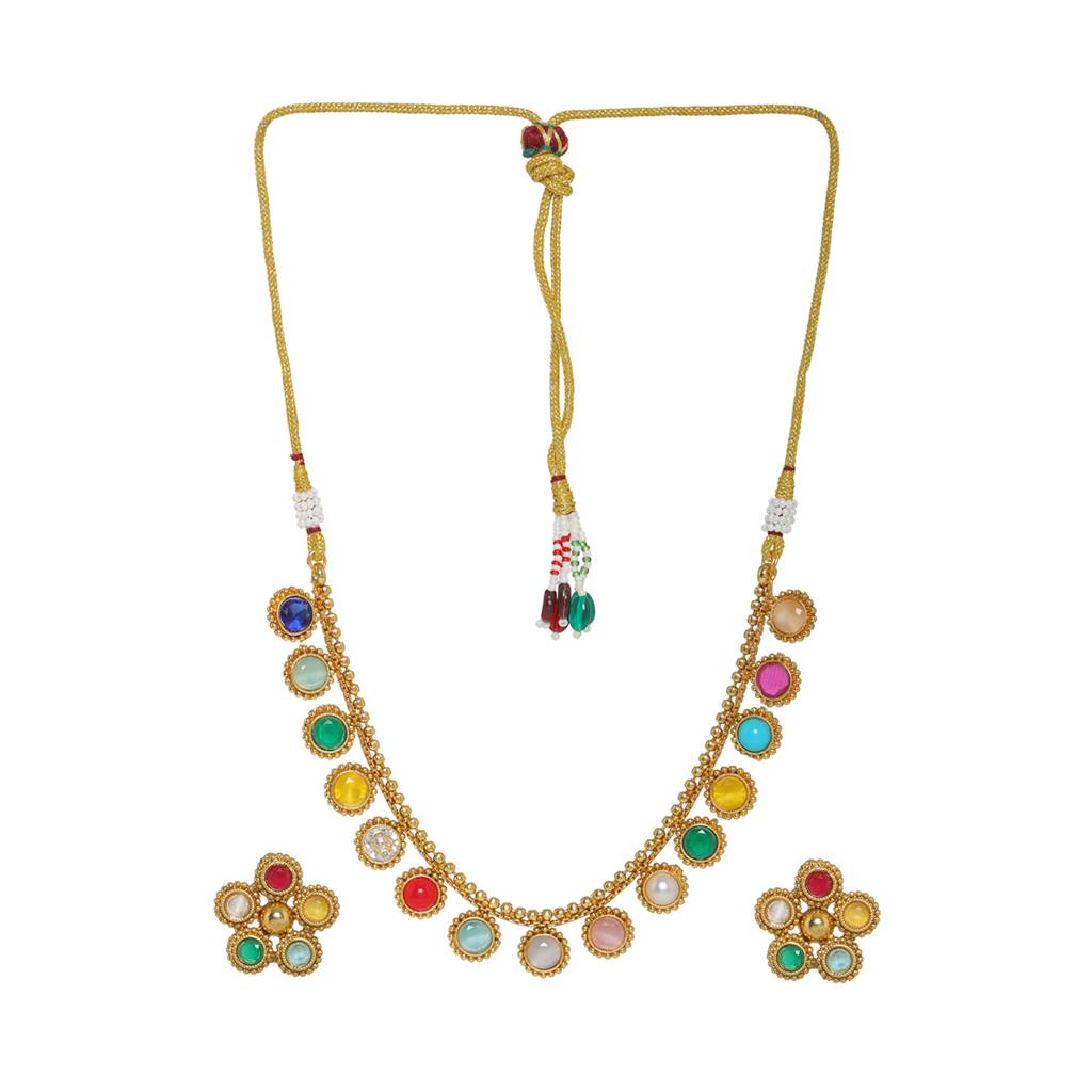 Multi Colored Stone In Gold Choker With Earrings : RRFEB24-45