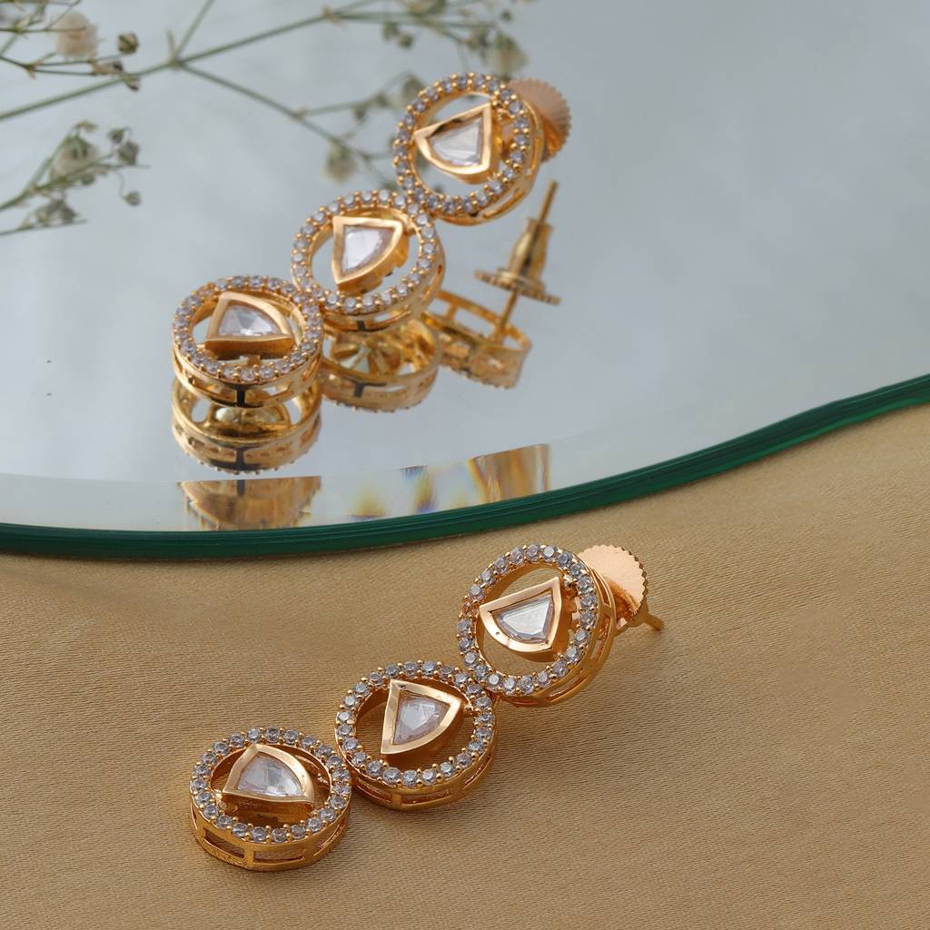 3 Tier Round Diamond And Kundan Earrings : RRFEB24-6