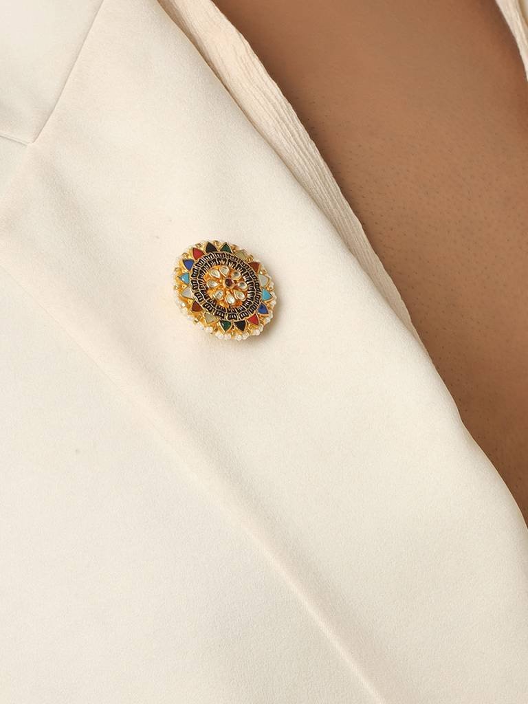 Flower Kundan Navratan Brooch : RRFEB25-19