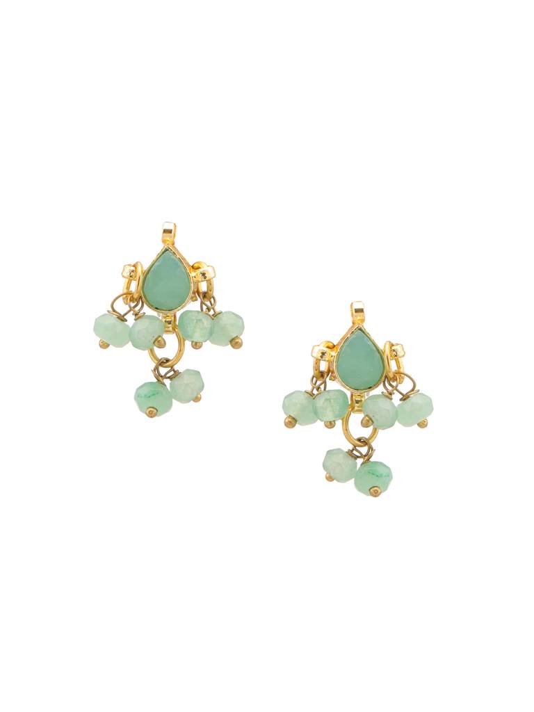 Tear Drop Shaped Kundan Studs Earrings In Mint Green With Jhallar In Gold Plated Brass : RRJAN25-23