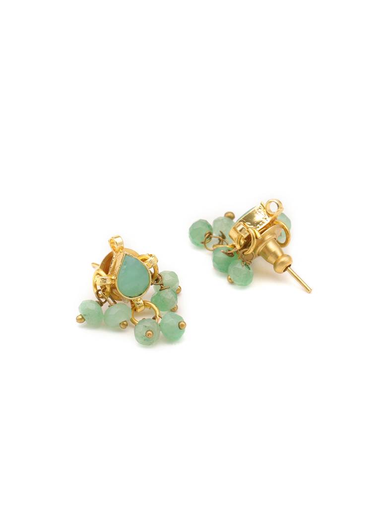 Tear Drop Shaped Kundan Studs Earrings In Mint Green With Jhallar In Gold Plated Brass : RRJAN25-23