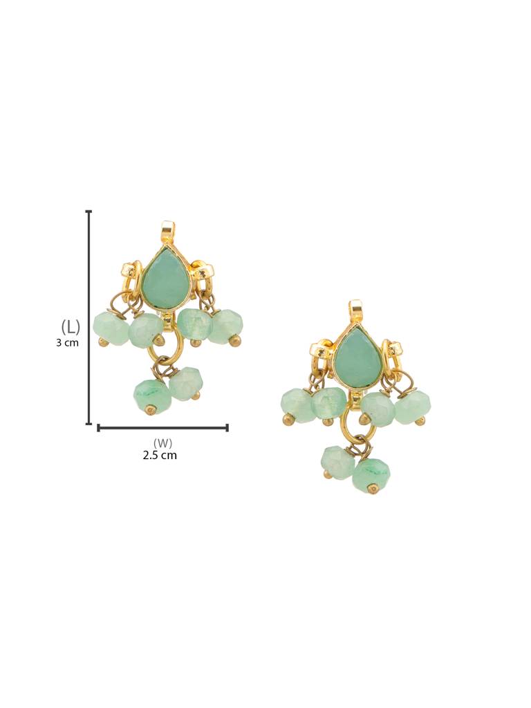 Tear Drop Shaped Kundan Studs Earrings In Mint Green With Jhallar In Gold Plated Brass : RRJAN25-23