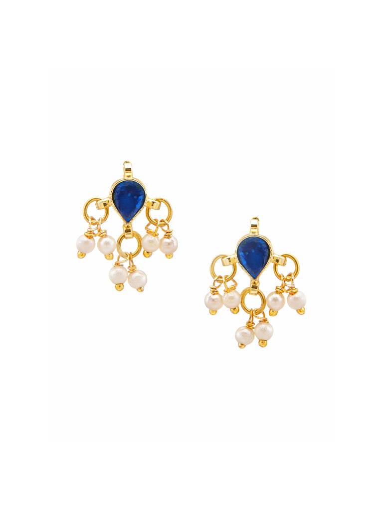 Tear Drop Shaped Kundan Studs Earrings In Blue Stone With Pearl Jhallar In Gold Plated Brass : RRJAN25-25