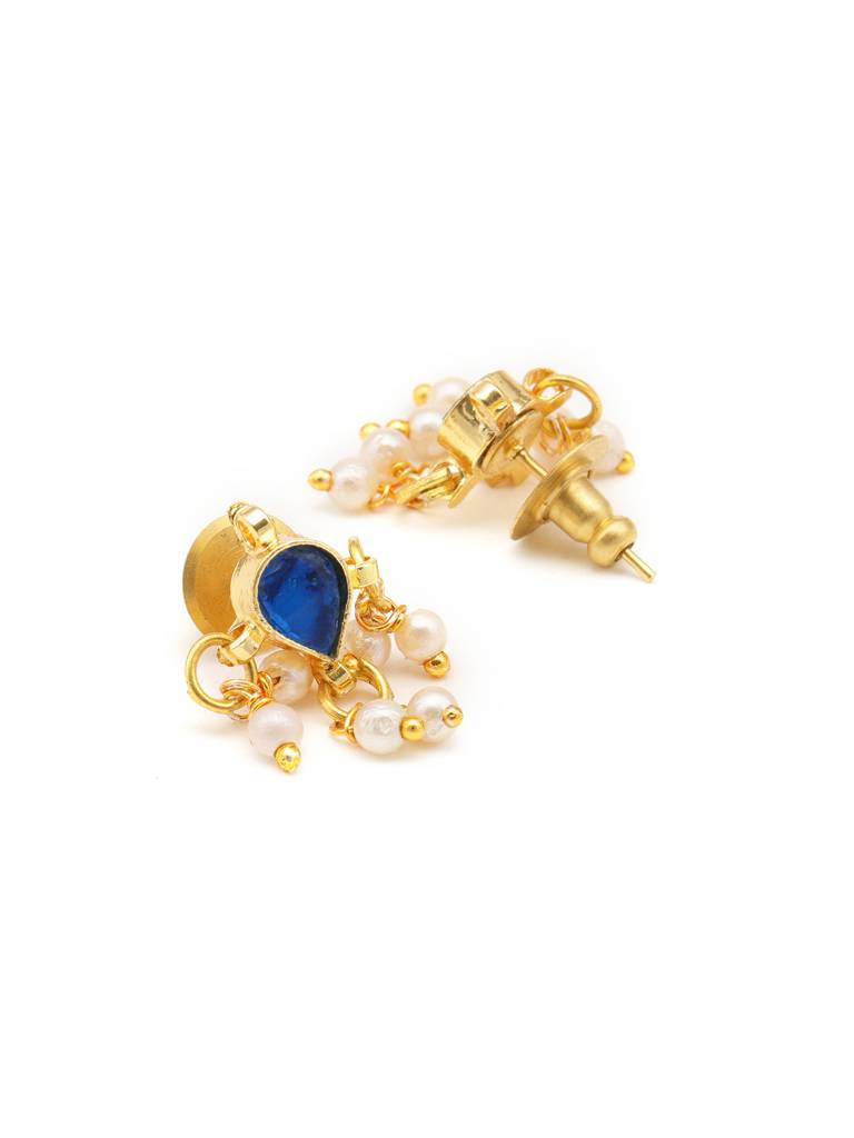 Tear Drop Shaped Kundan Studs Earrings In Blue Stone With Pearl Jhallar In Gold Plated Brass : RRJAN25-25