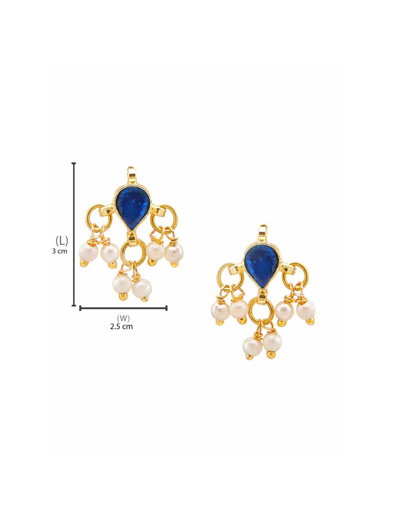 Tear Drop Shaped Kundan Studs Earrings In Blue Stone With Pearl Jhallar In Gold Plated Brass : RRJAN25-25