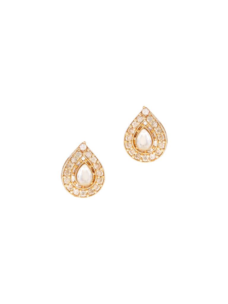 Tear Drop Shaped Kundan Studs Earrings With Diamond Embelishement In Gold Plated Brass : RRJAN25-30