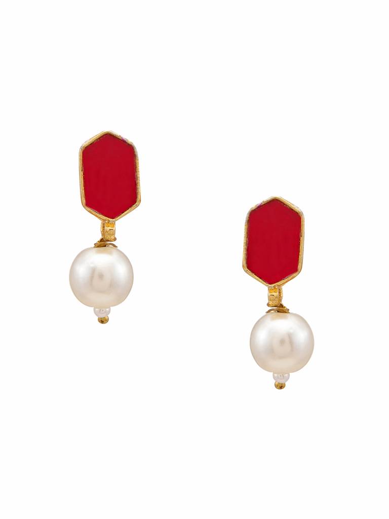 Maroon Kundan Studs Earrings In Hexagon Shape Gold Plated Brasss With Pearls Drop : RRJAN25-33