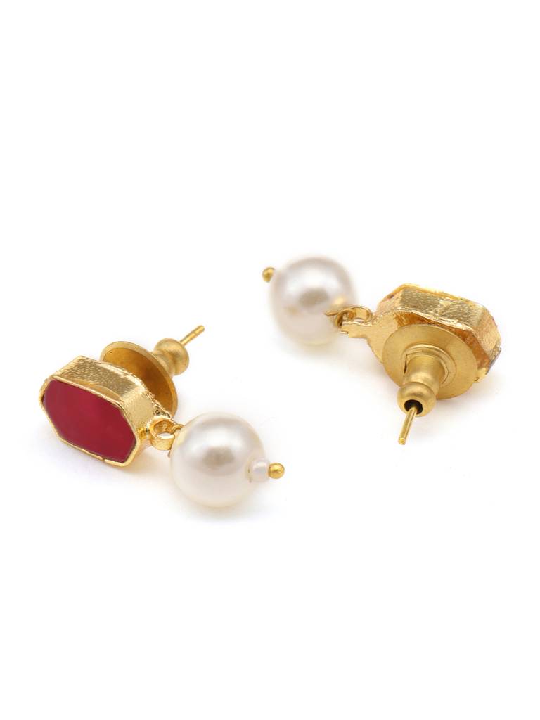 Maroon Kundan Studs Earrings In Hexagon Shape Gold Plated Brasss With Pearls Drop : RRJAN25-33