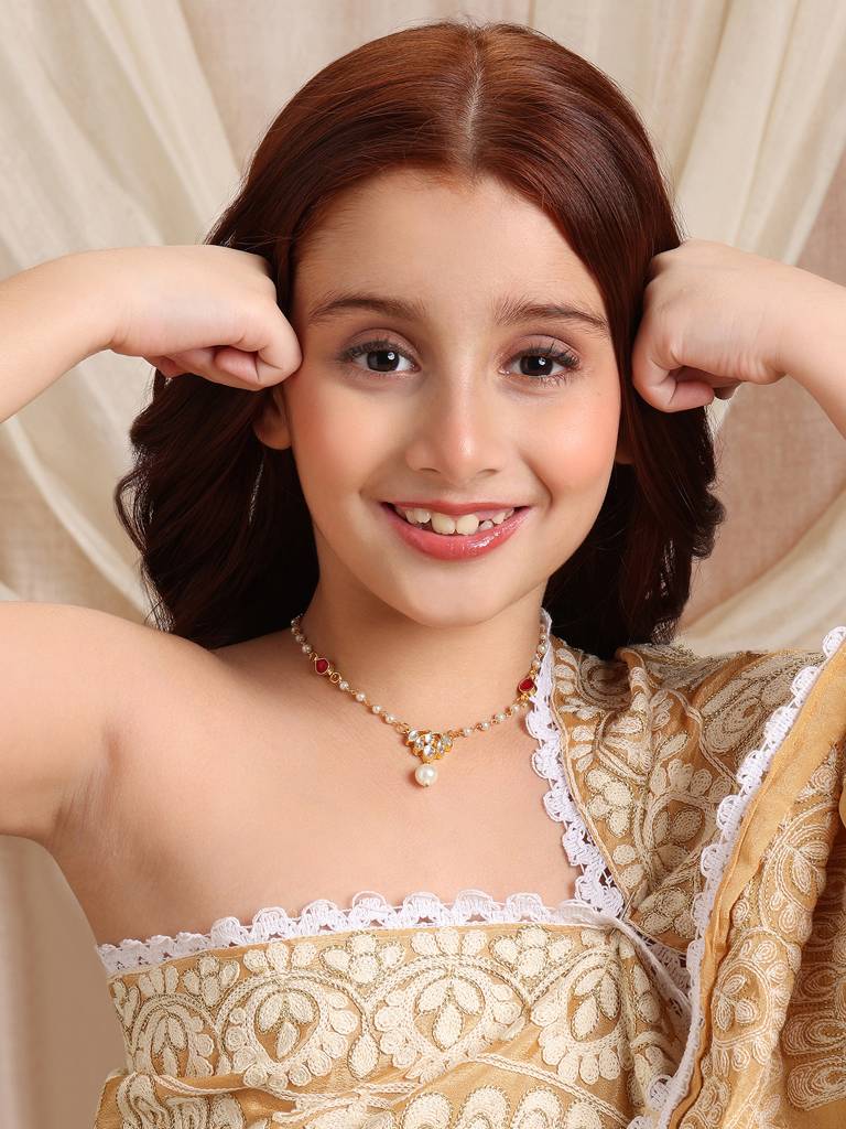 Kundan Maroon Stone Necklace In Gold Plated Brass With Pearls : RRJAN25-41