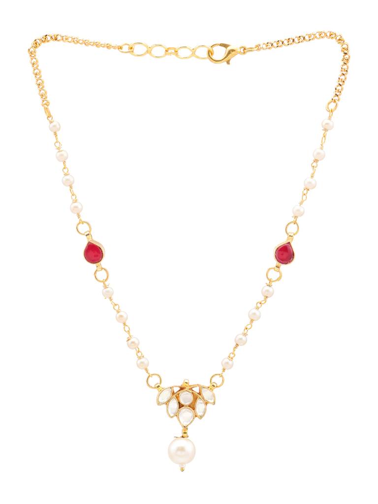 Kundan Maroon Stone Necklace In Gold Plated Brass With Pearls : RRJAN25-41