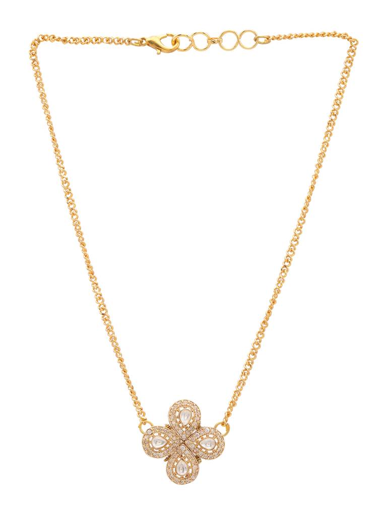 Tear Drop Shaped Flower Necklace With Diamond Embelishement In Gold Plated Brass : RRJAN25-43