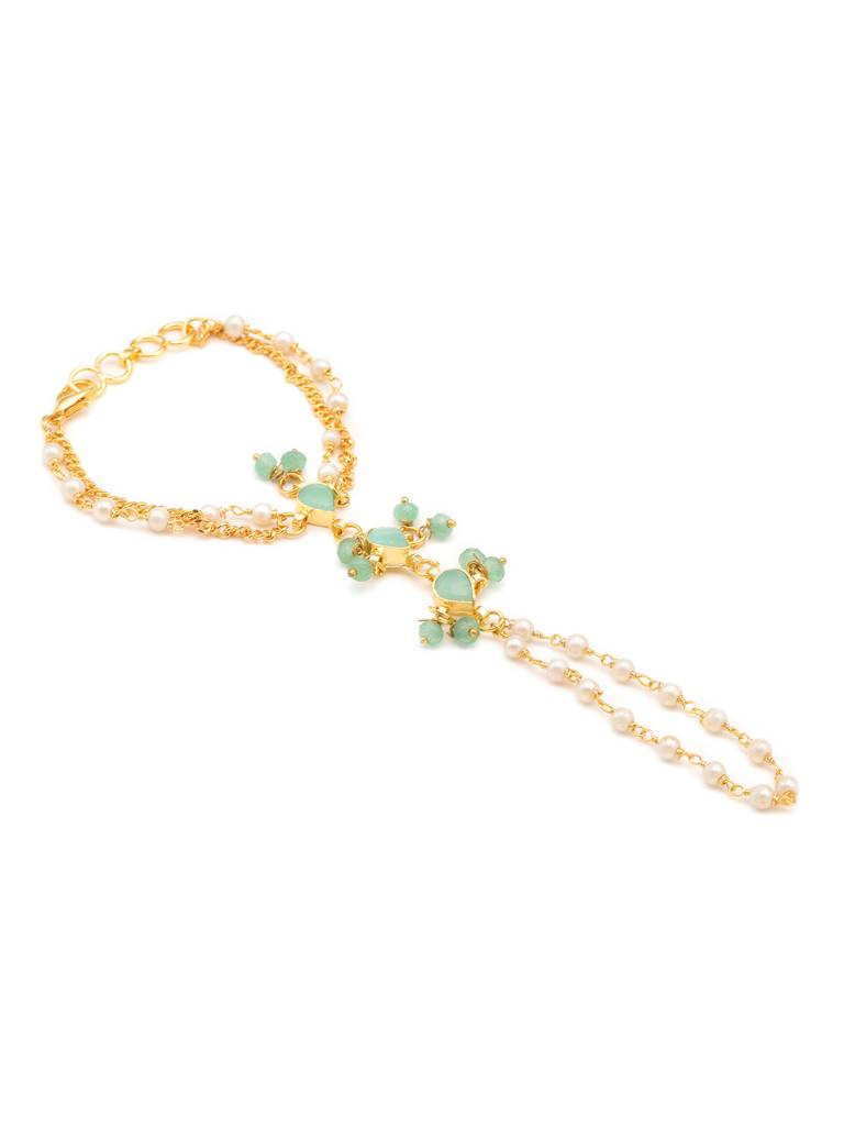 Kundan Mint Green Stone Bracelet/Haath Phool In Gold Plated Brass With Pearls : RRJAN25-47