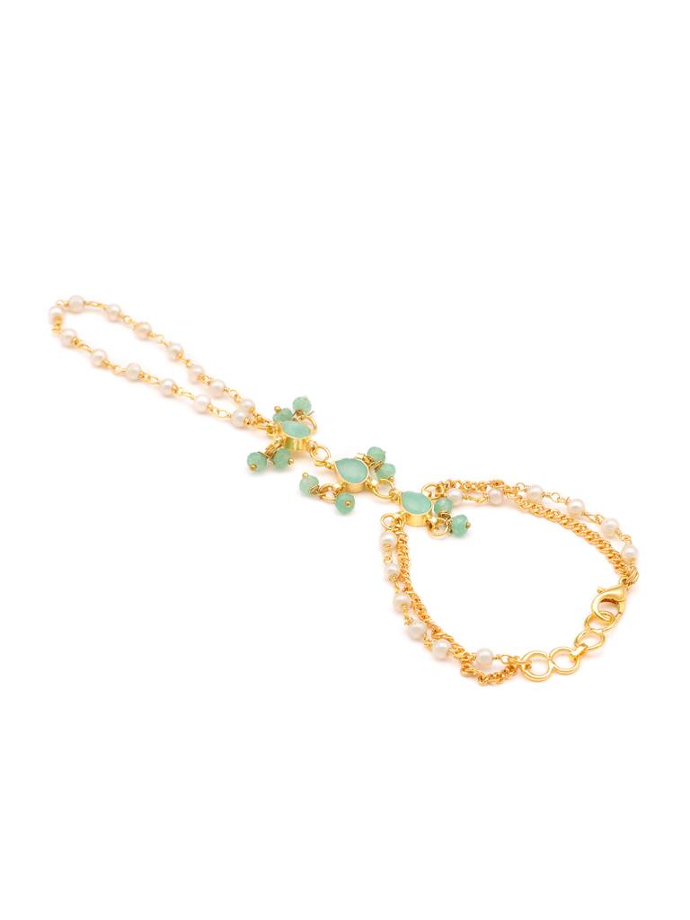 Kundan Mint Green Stone Bracelet/Haath Phool In Gold Plated Brass With Pearls : RRJAN25-47