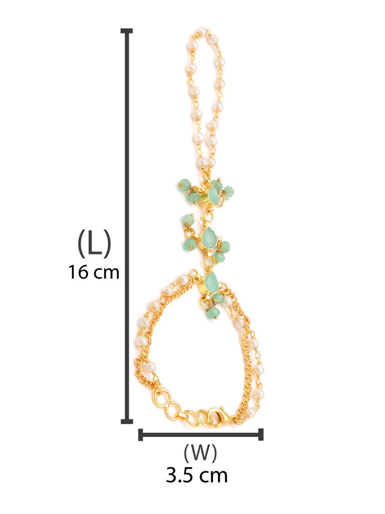 Kundan Mint Green Stone Bracelet/Haath Phool In Gold Plated Brass With Pearls : RRJAN25-47