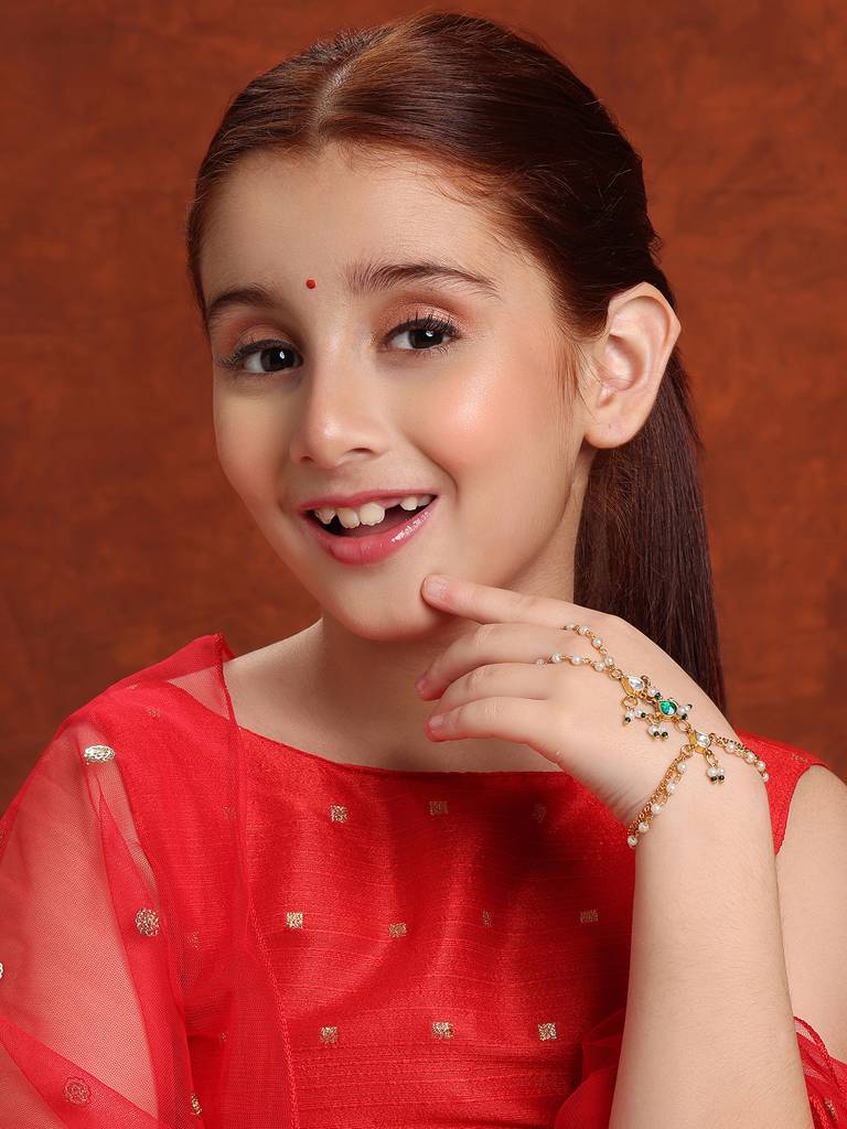 Kundan Bracelet/Haath Phool In Gold Plated Brass With Pearls & Green Stones : RRJAN25-50