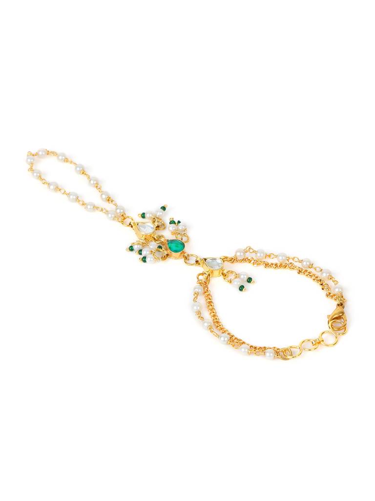 Kundan Bracelet/Haath Phool In Gold Plated Brass With Pearls & Green Stones : RRJAN25-50