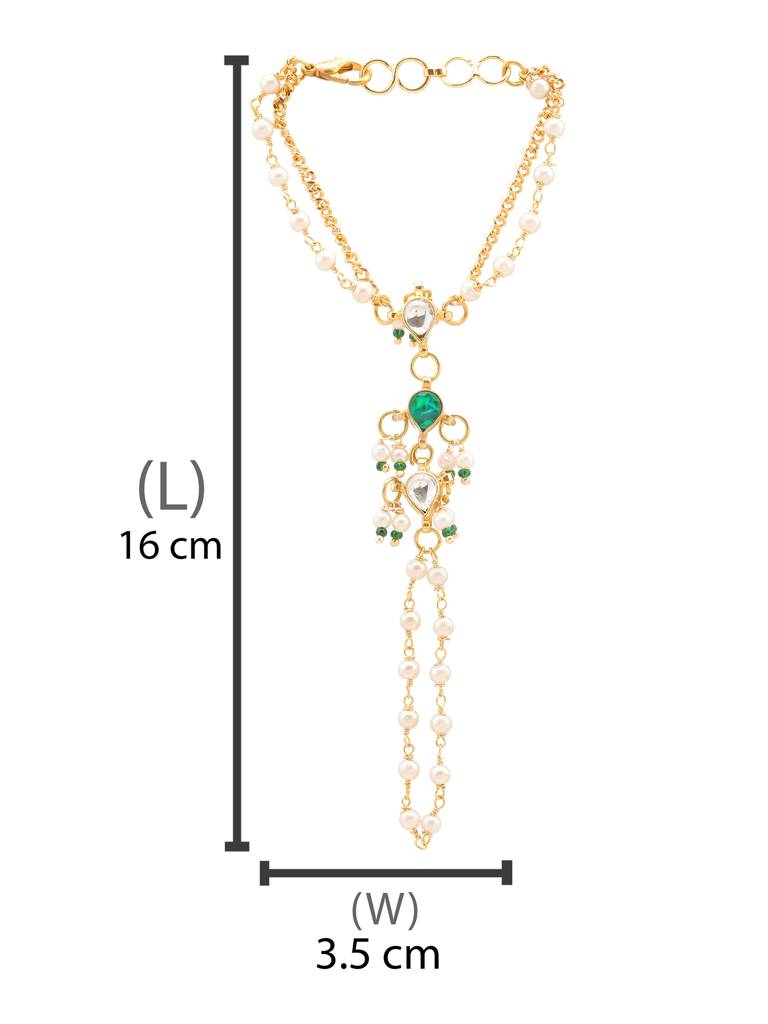Kundan Bracelet/Haath Phool In Gold Plated Brass With Pearls & Green Stones : RRJAN25-50