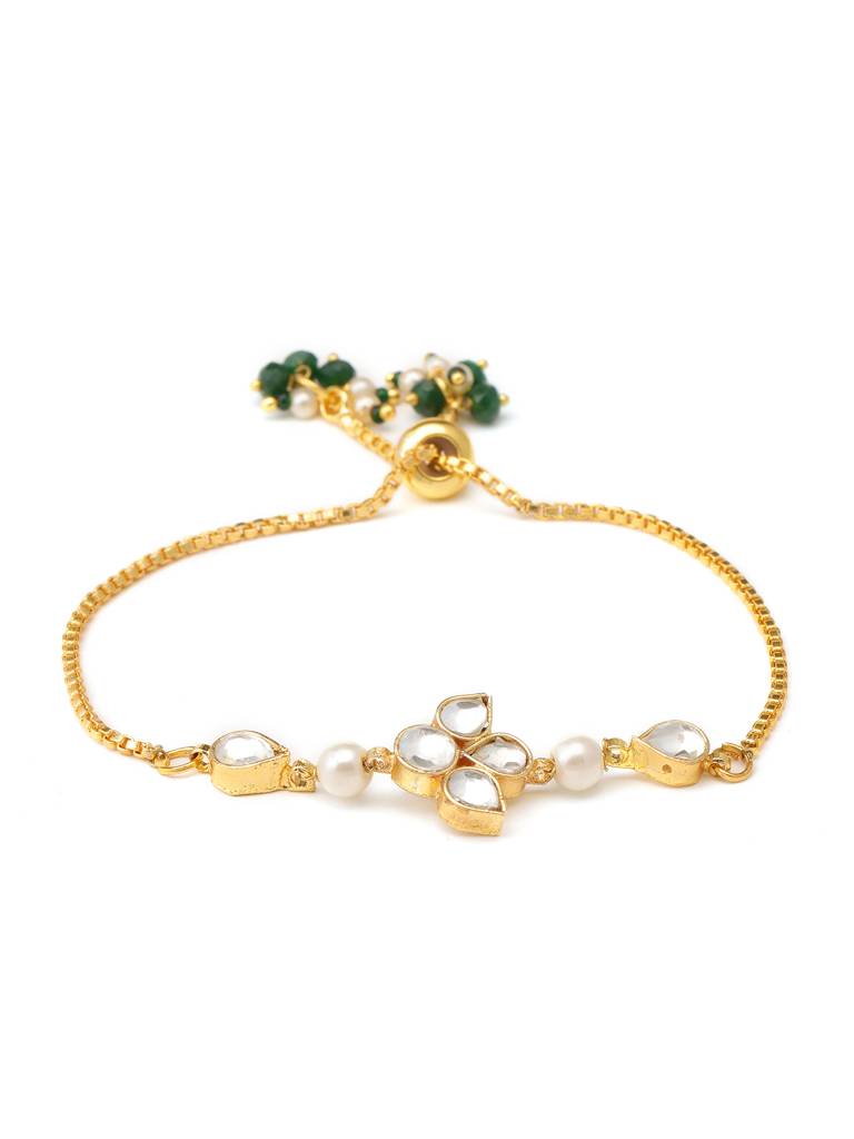 Kundan Bracelet In Gold Plated Brass With Pearls & Green Stones : RRJAN25-54