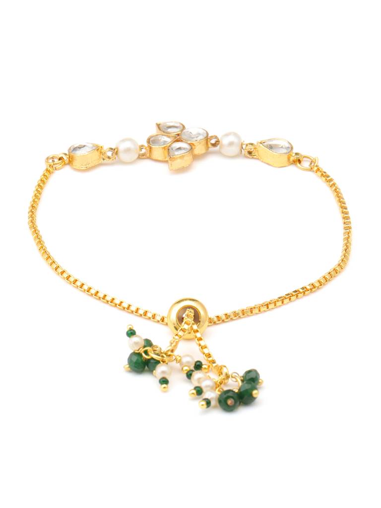 Kundan Bracelet In Gold Plated Brass With Pearls & Green Stones : RRJAN25-54