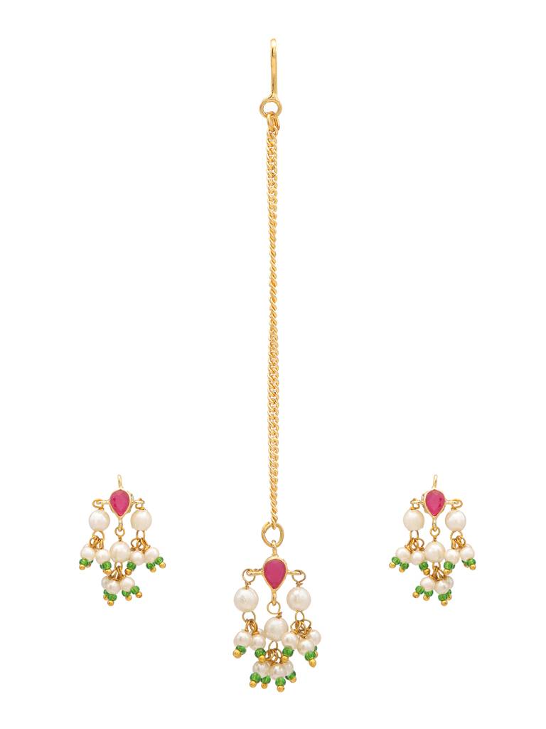 Tear Drop Shaped Earrings & Maang Tikka Jewelry Set With Jhallar Pearls Maroon Kundan In Gold Plated Brass : RRJAN25-61